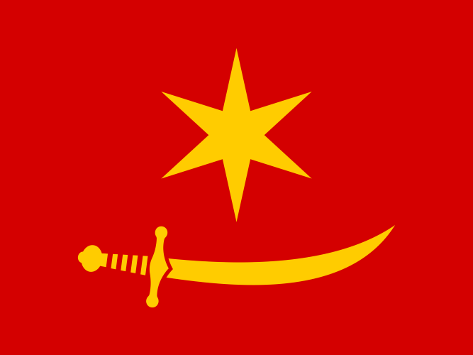Plate of the Civil and National Flag of Kaharagia: a gold six-pointed star above a gold scimitar on a red field
