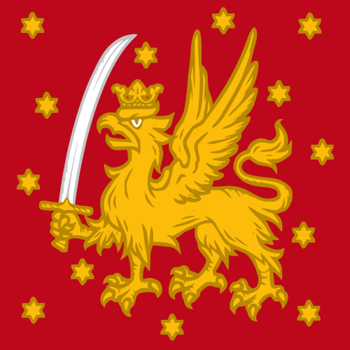Plate of the Standard of the Sovereign: a gold crowned griffin bearing a scimitar on a red field strewn with gold six-pointed stars