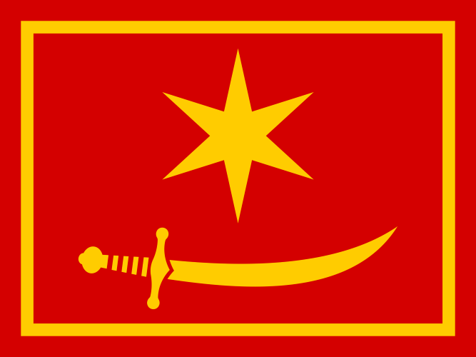 Plate of the State Flag of Kaharagia: a gold six-pointed star above a gold scimitar on a red field within a gold orle